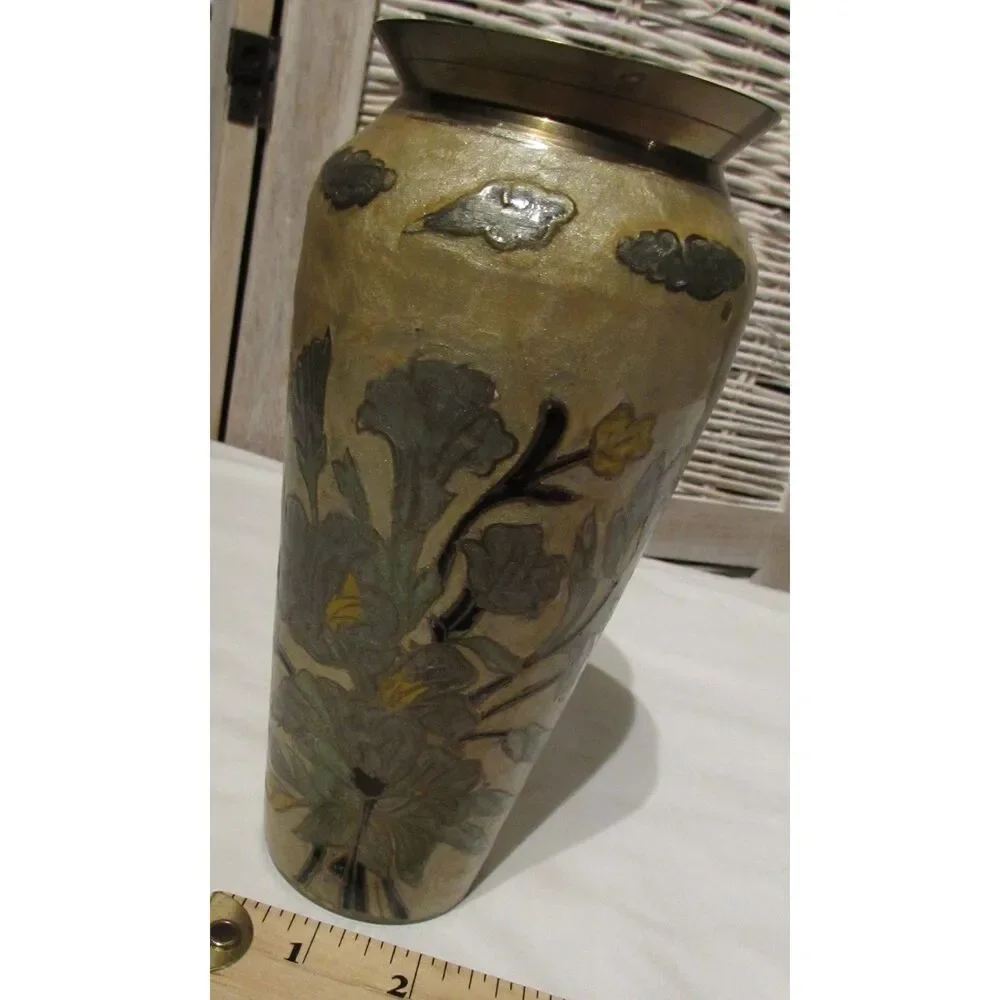 Vintage vase cloisonne enamel on copper floral design gold color flowers